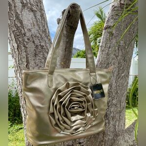 Sasha New York Gold Faux Leather 3D Rose Flower Tote Bag Handbag NWT